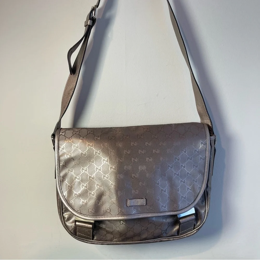 Gucci Imprime Coated Canvas Buckle Flap Messenger Bag - Metallic Gray - Preowned